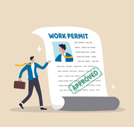 Work permit document approved, contract agreement athority, legal paperwork for employment with stamp signature, immigration permission concept, businessman employee with  approved work permit paper.