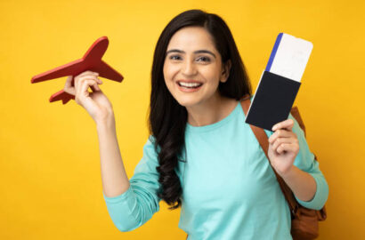 Portrait of college student on yellow background